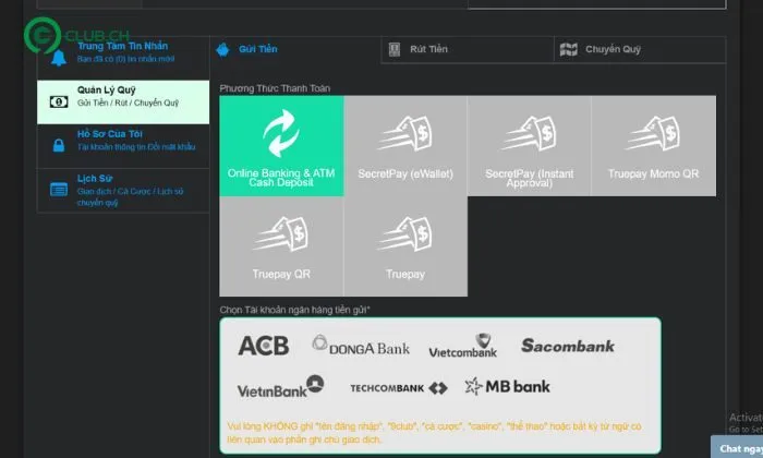 Nhà cái 9club hỗ trợ đa dạng phương thức thanh toán để khách hàng lựa chọn 