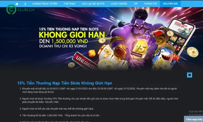 Chi tiết khuyến mãi 9club khi cược slots